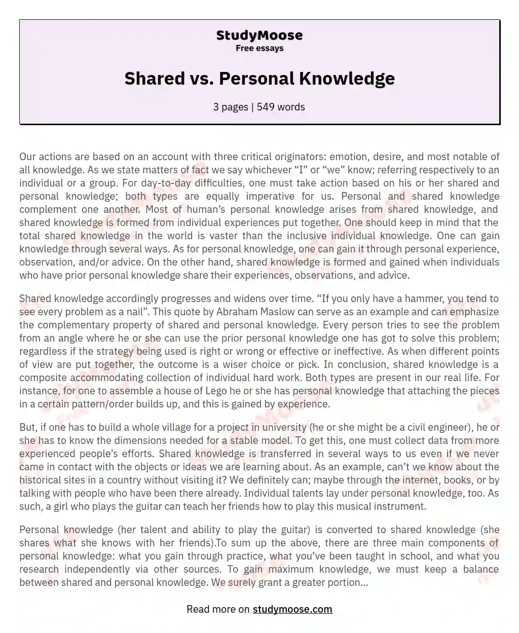 Shared vs. Personal Knowledge essay