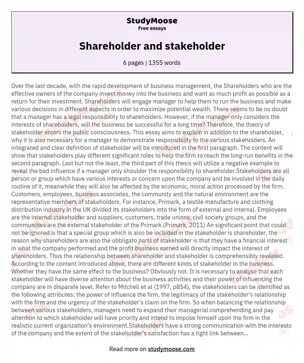 Shareholder and stakeholder essay