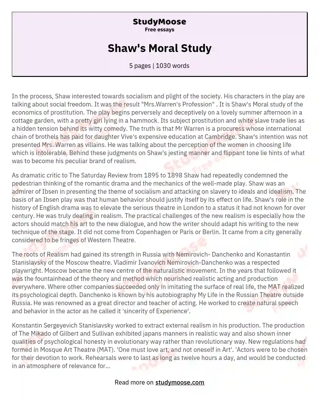 Shaw's Moral Study essay