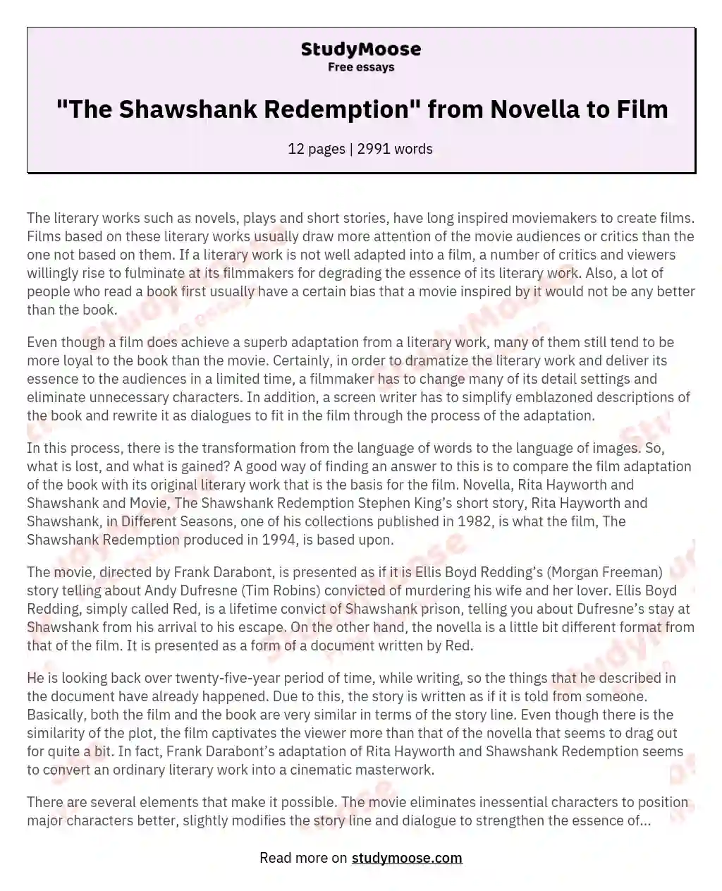 "The Shawshank Redemption" from Novella to Film essay
