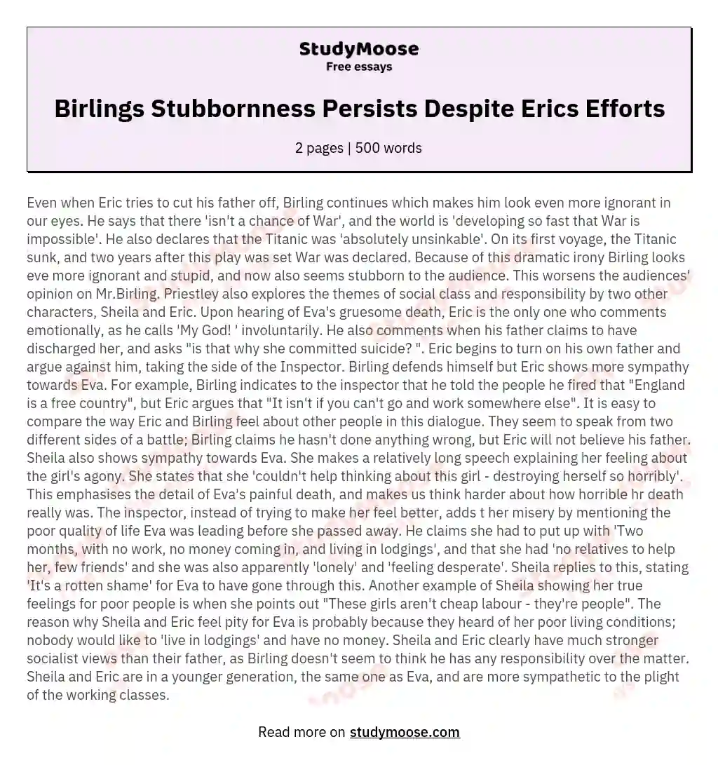 Birlings Stubbornness Persists Despite Erics Efforts essay