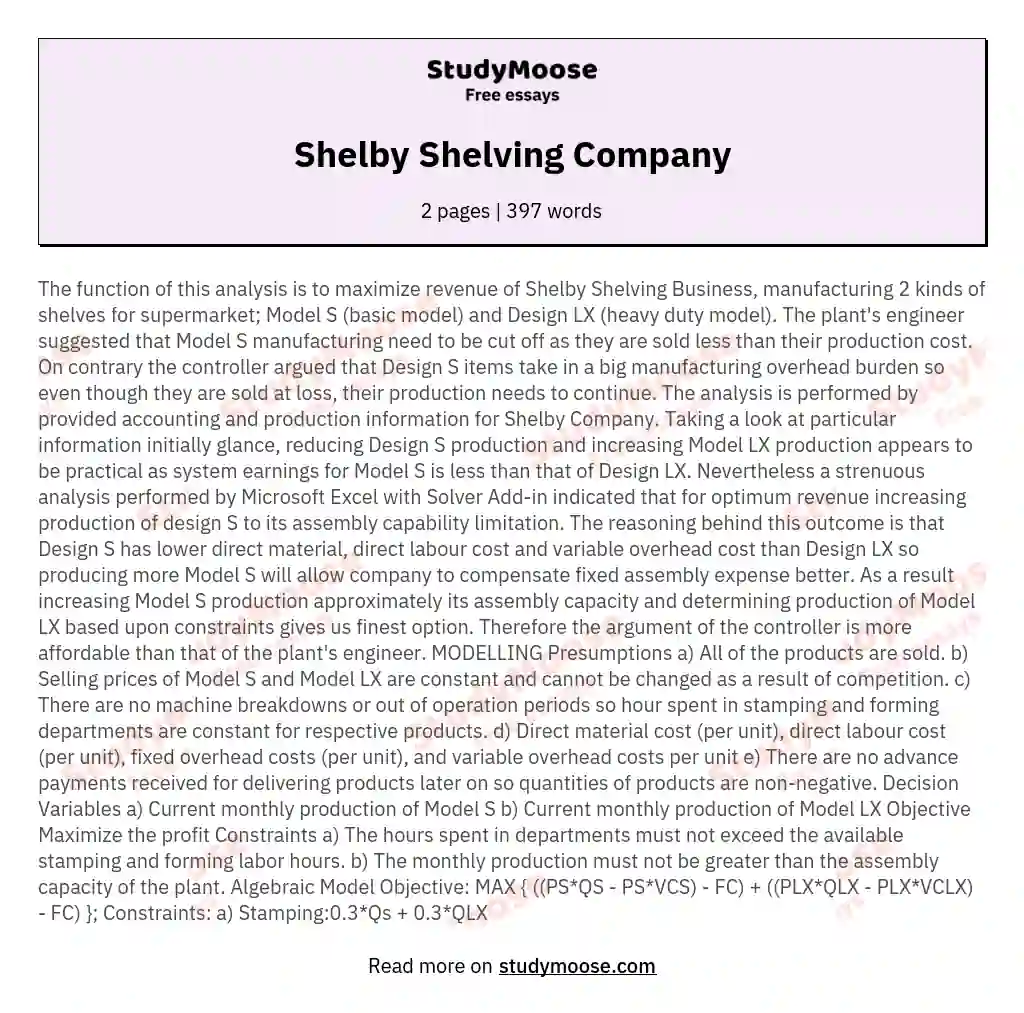 Shelby Shelving Company essay