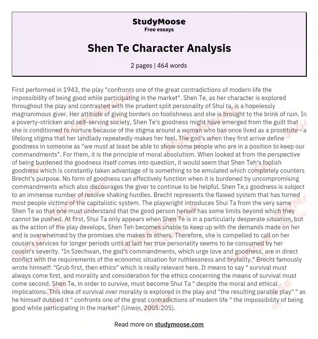Shen Te Character Analysis essay
