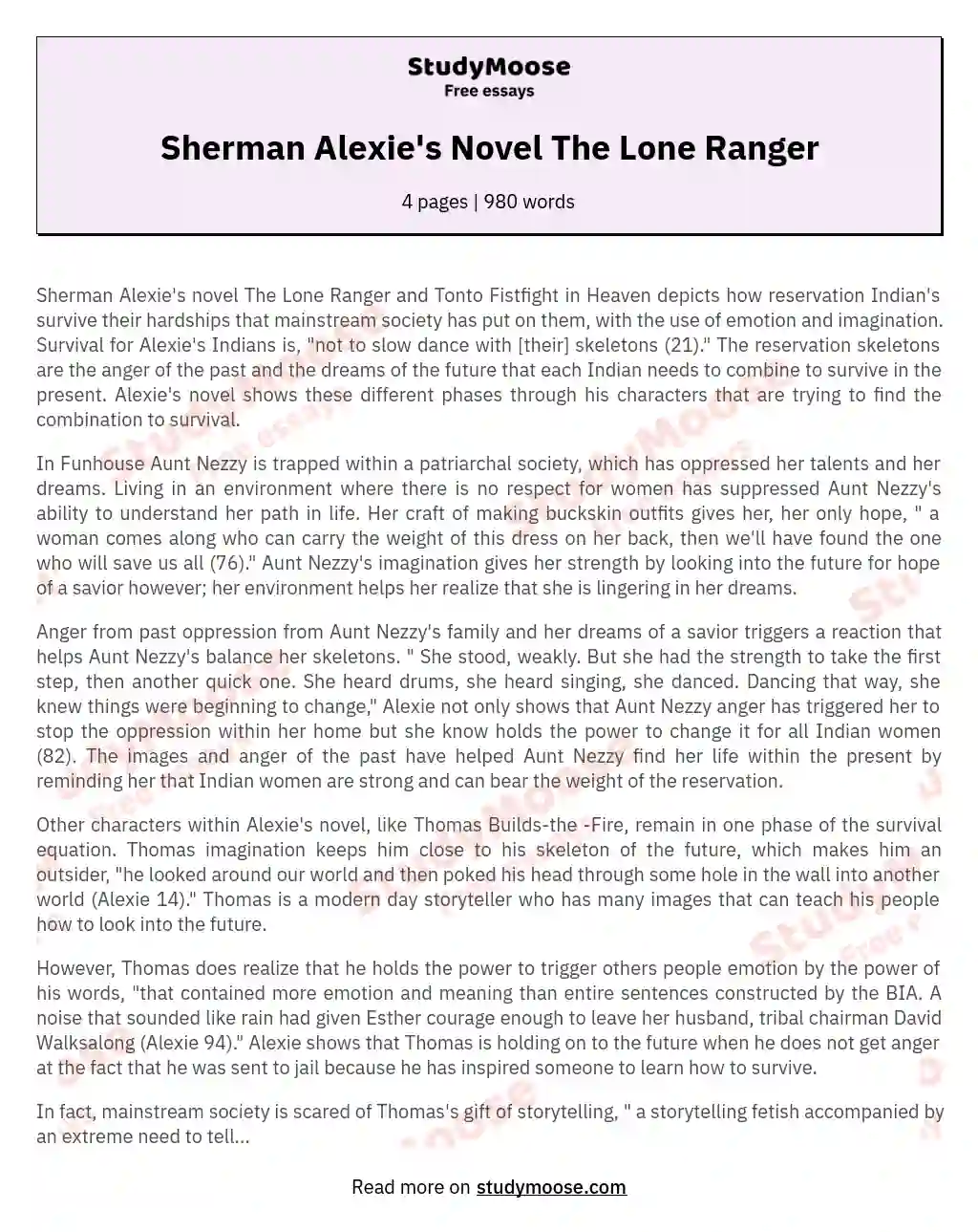 Sherman Alexie's Novel The Lone Ranger essay