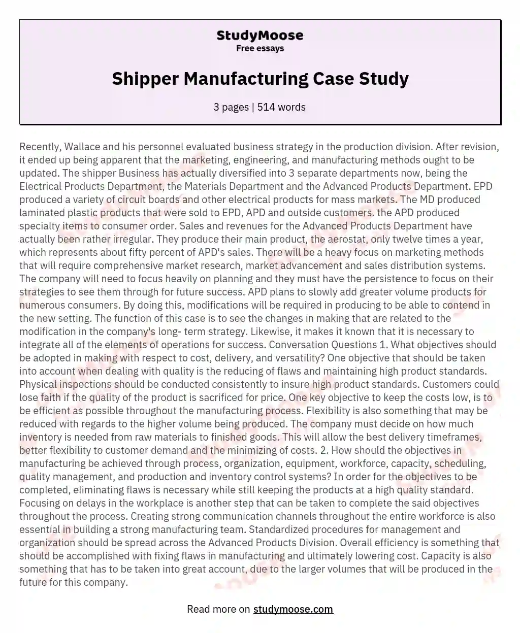 Shipper Manufacturing Case Study essay