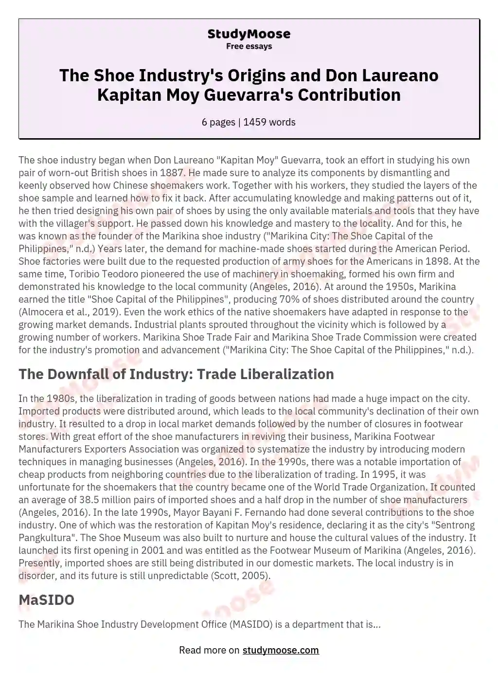 The Shoe Industry's Origins and Don Laureano Kapitan Moy Guevarra's Contribution essay