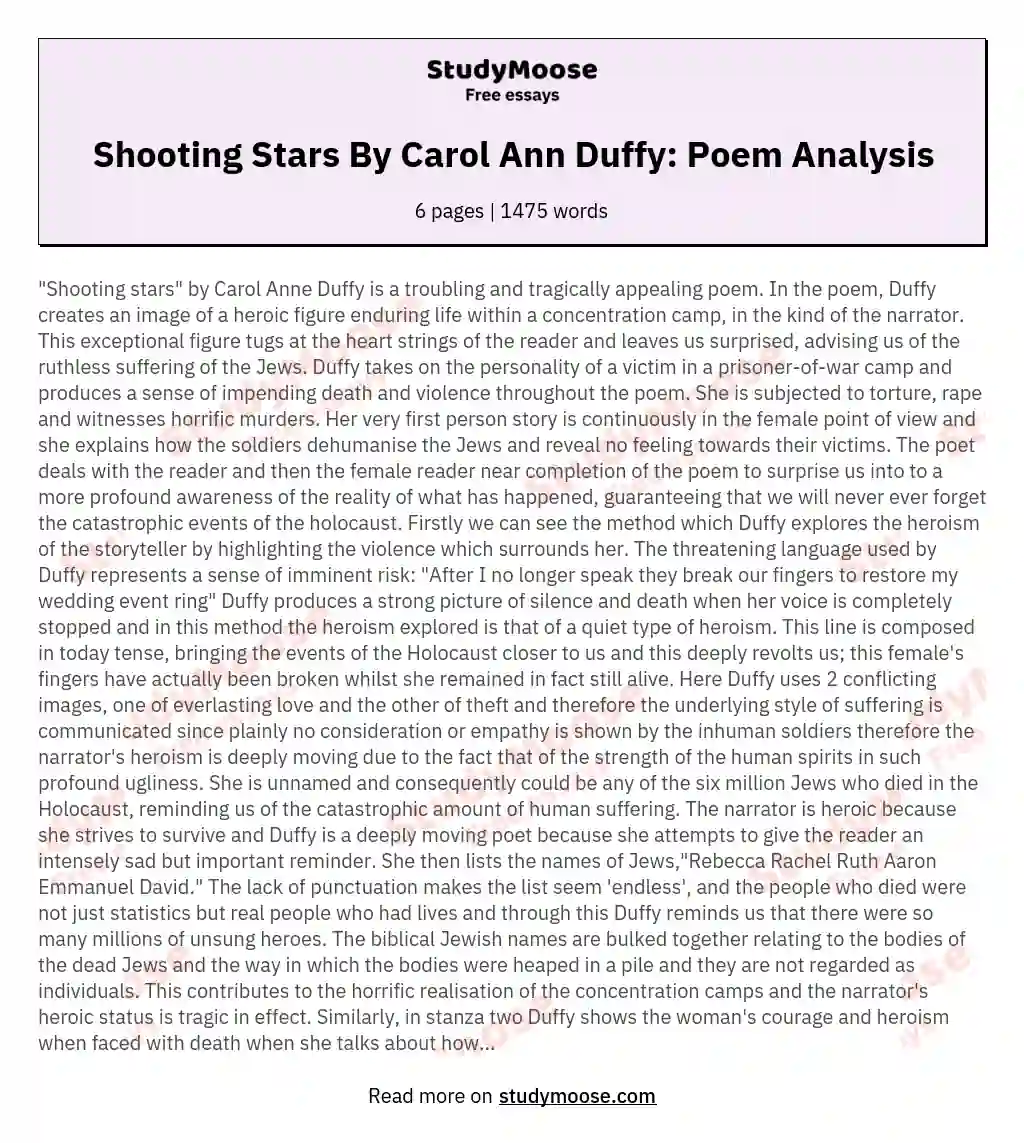 Shooting Stars By Carol Ann Duffy: Poem Analysis essay