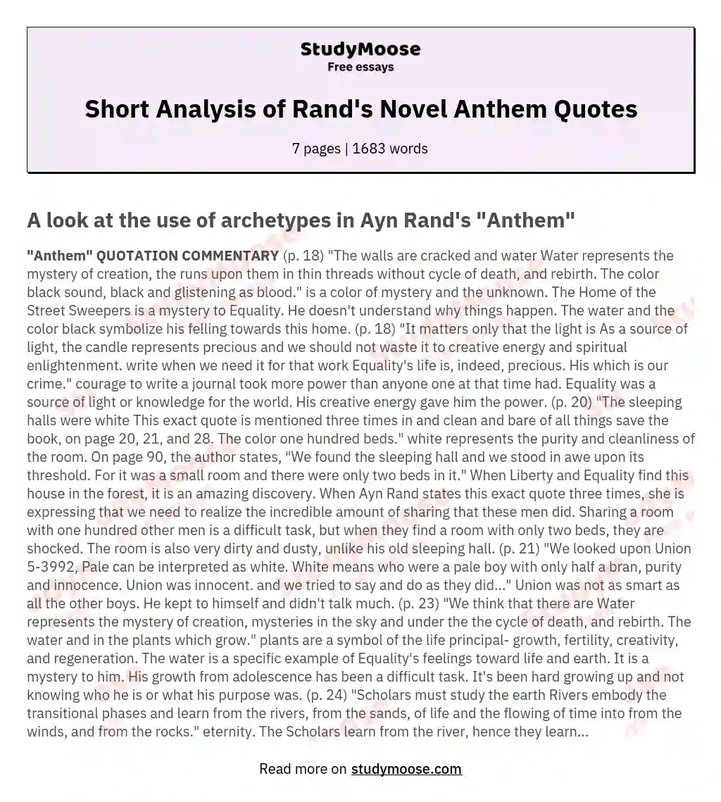 Short Analysis of Rand's Novel Anthem Quotes essay