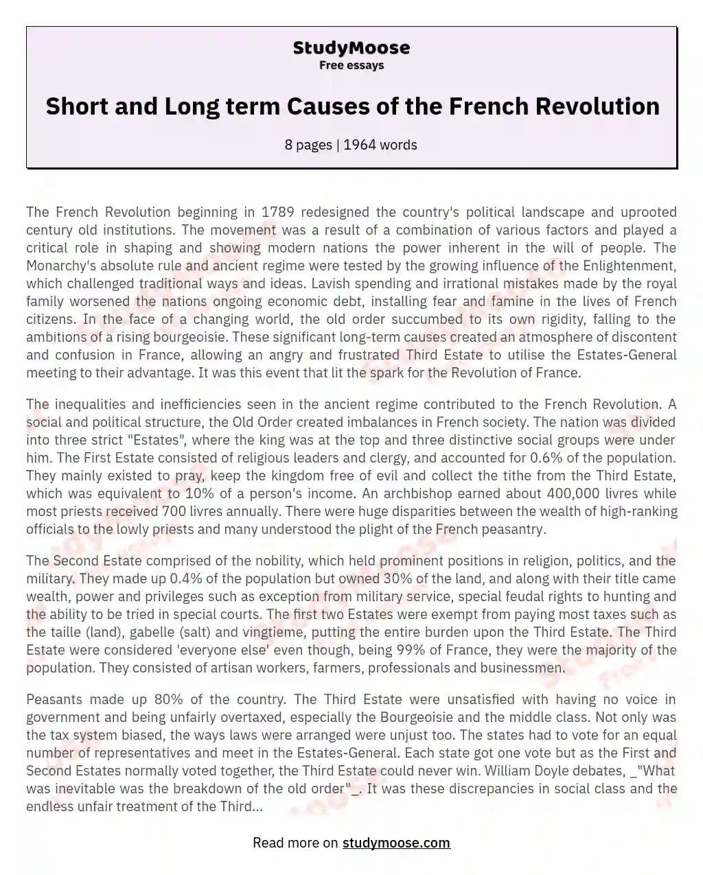 Short and Long term Causes of the French Revolution essay