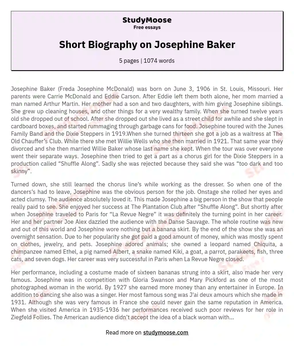 Short Biography on Josephine Baker essay
