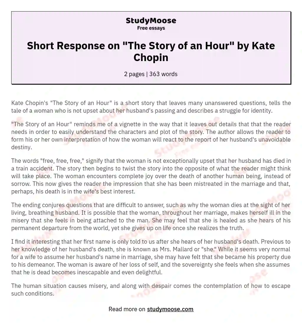 Short Response on "The Story of an Hour" by Kate Chopin