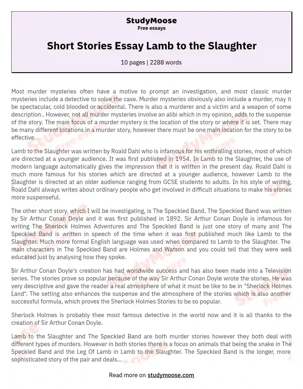 Short Stories Essay Lamb to the Slaughter