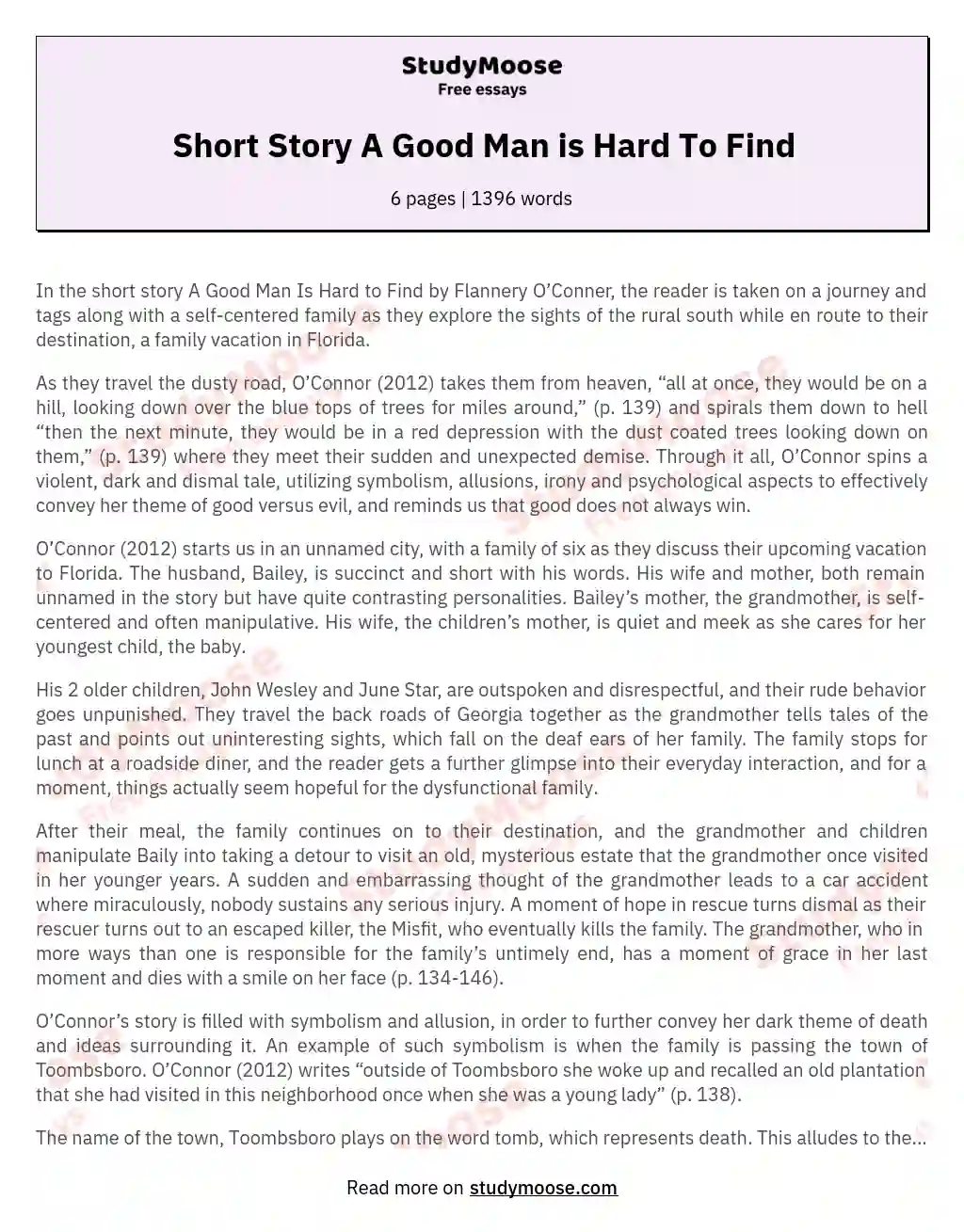 Short Story A Good Man is Hard To Find