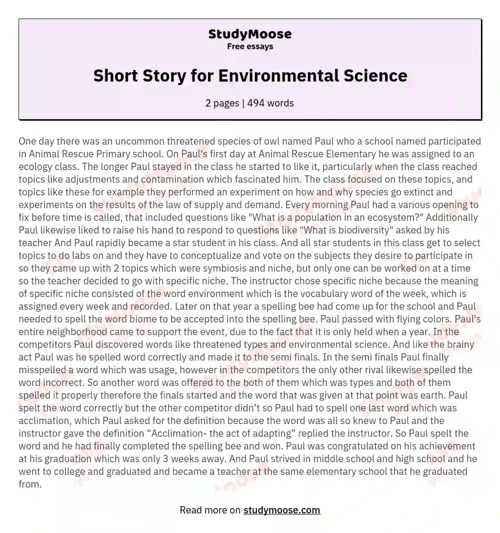 Short Story for Environmental Science essay