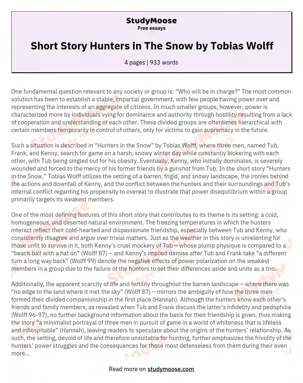 Short Story Hunters in The Snow by Tobias Wolff essay