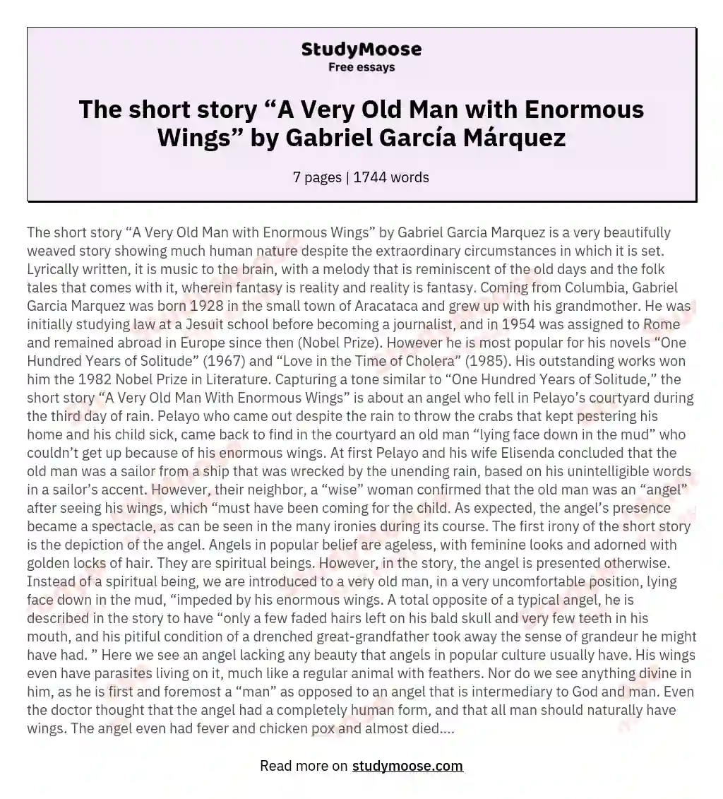 The short story “A Very Old Man with Enormous Wings” by Gabriel García Márquez essay