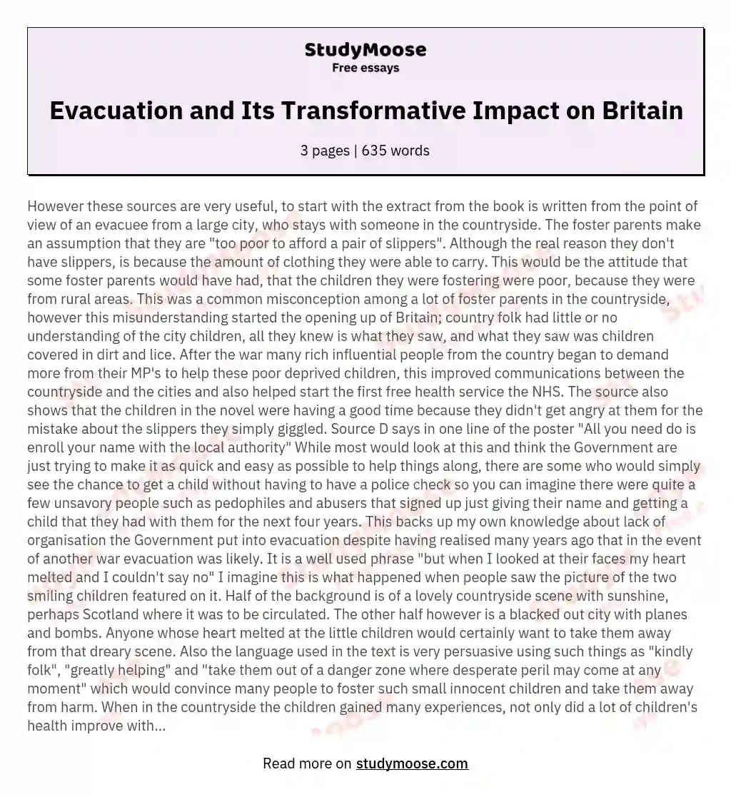 Evacuation and Its Transformative Impact on Britain essay