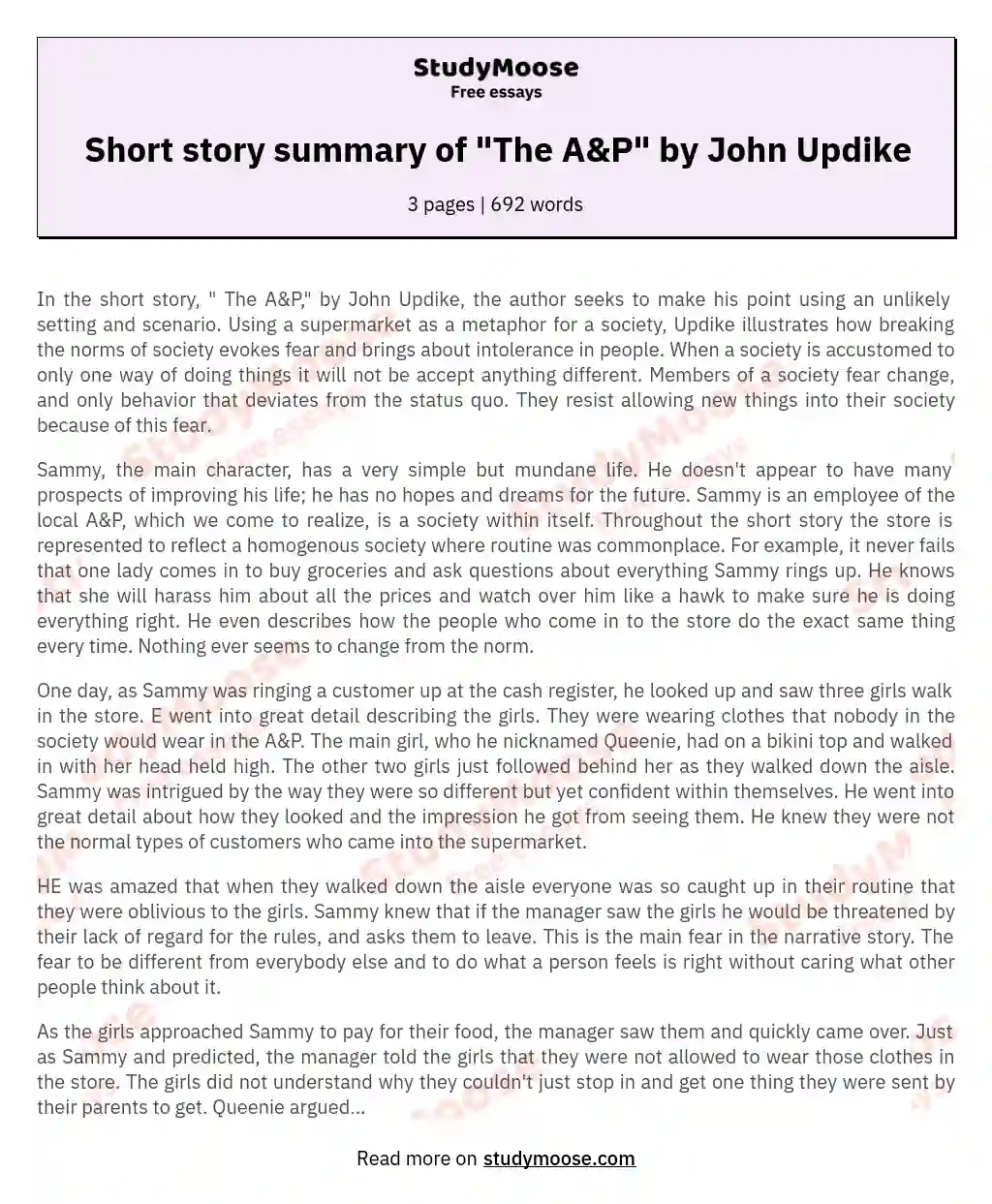 Short story summary of "The A&P" by John Updike essay