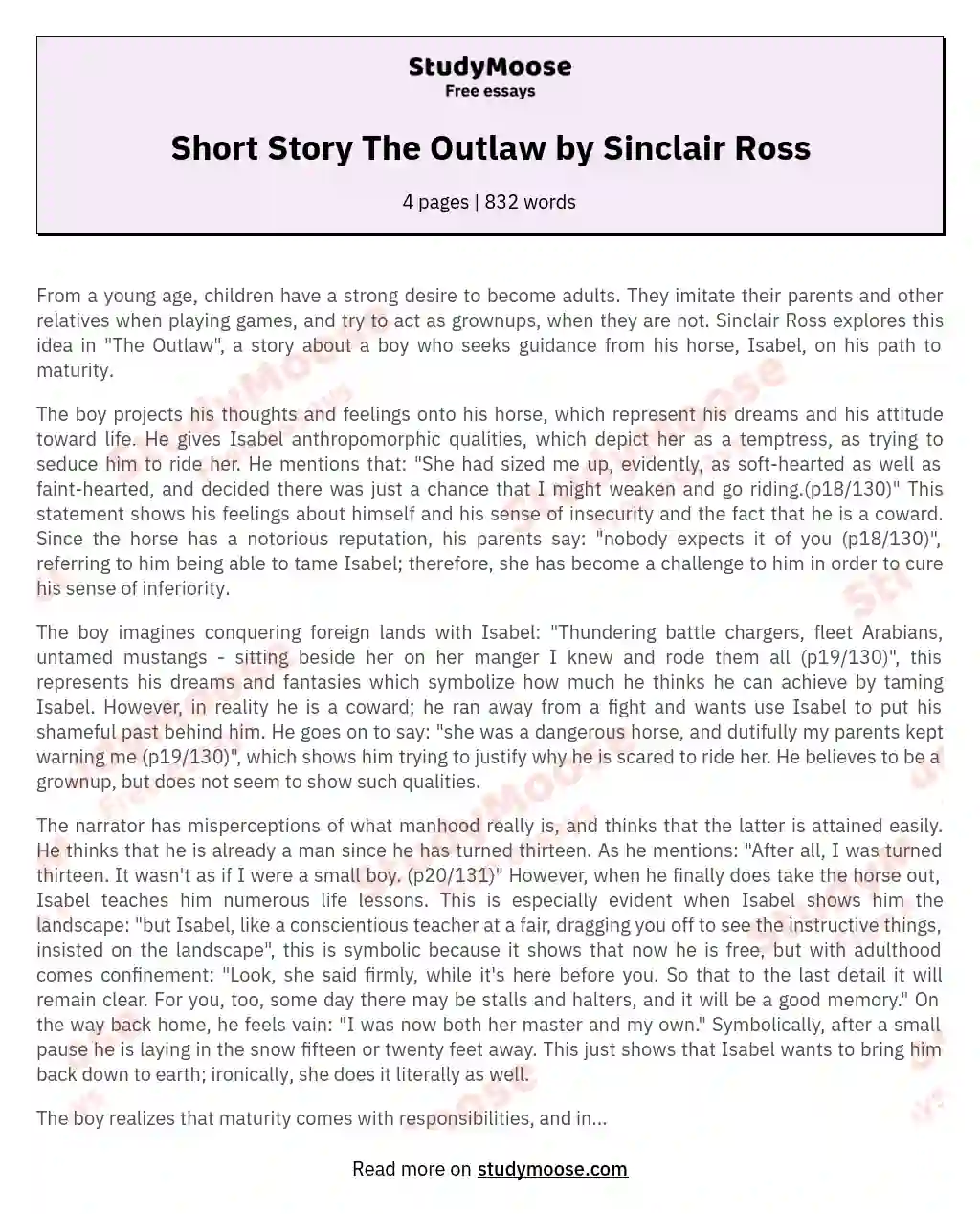 Short Story The Outlaw by Sinclair Ross essay