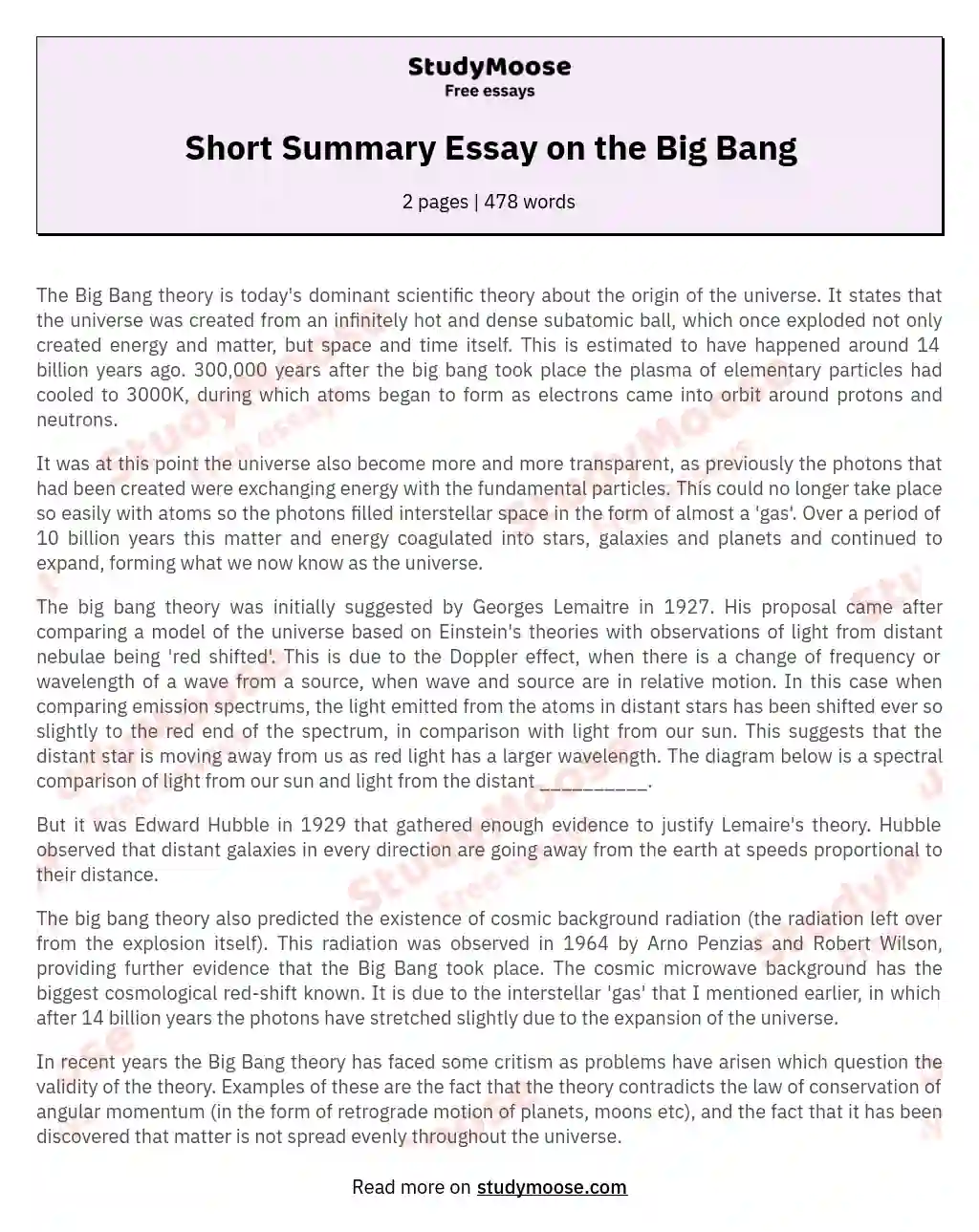Short Summary Essay on the Big Bang essay