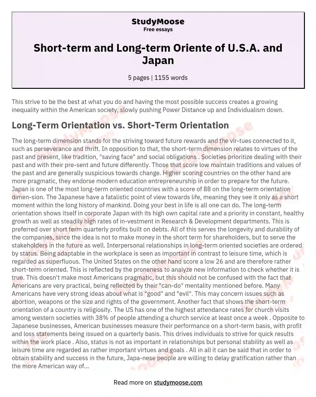 Short-term and Long-term Oriente of U.S.A. and Japan essay