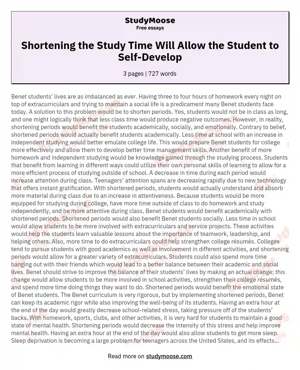 Shortening the Study Time Will Allow the Student to Self-Develop essay