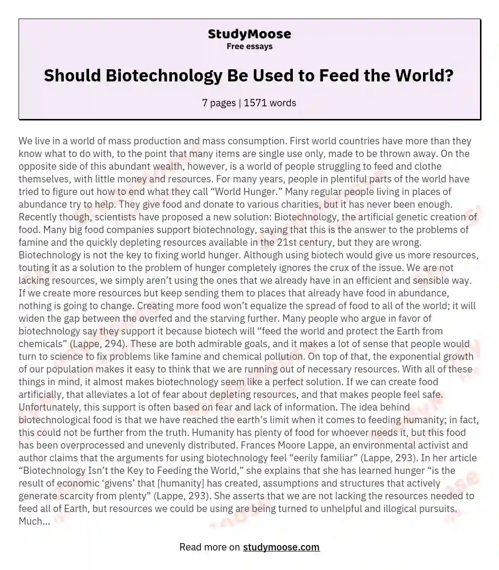 Should Biotechnology Be Used to Feed the World?  essay