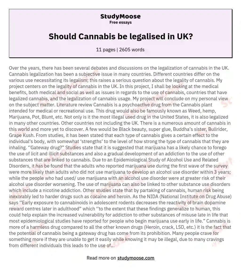 should cannabis be legalised in the uk essay