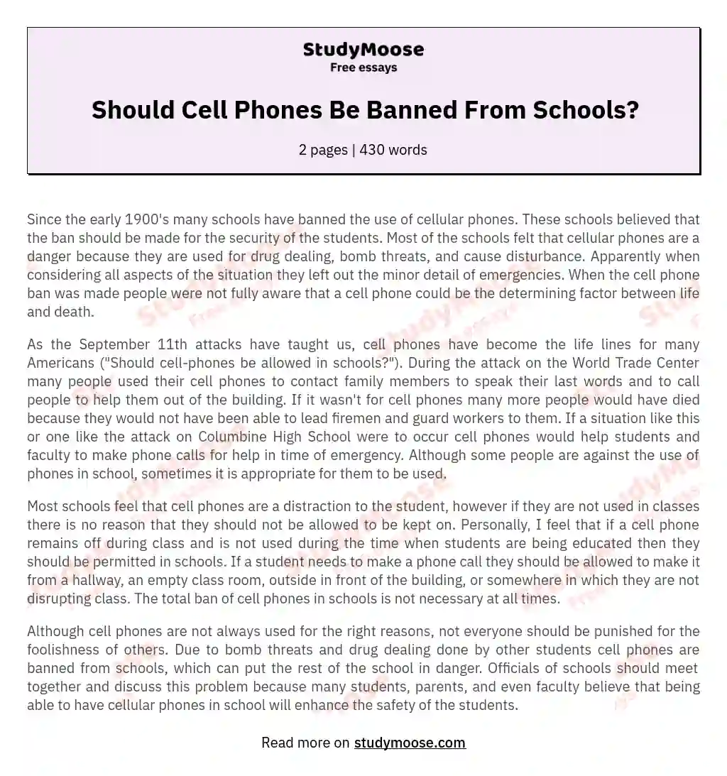 Should Cell Phones Be Banned From Schools? essay