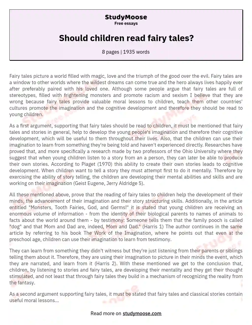 Should children read fairy tales? essay