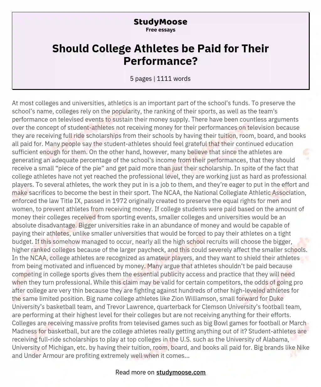 Should College Athletes be Paid for Their Performance? essay