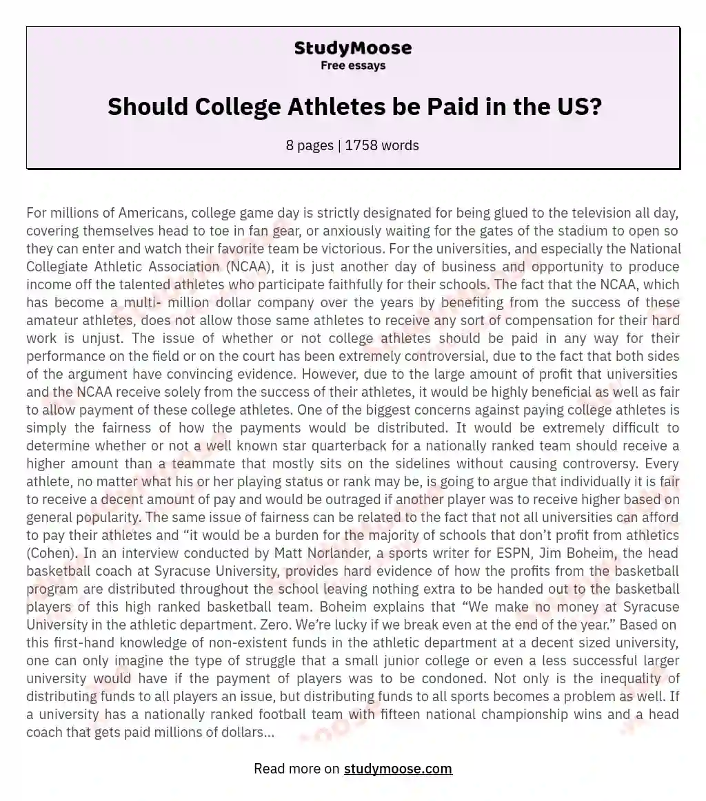 Should College Athletes be Paid in the US? essay