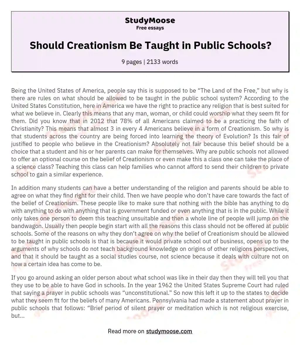 should creationism be taught in public schools argumentative essay