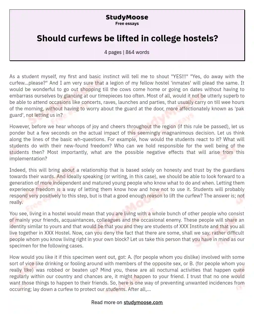 Should curfews be lifted in college hostels? essay