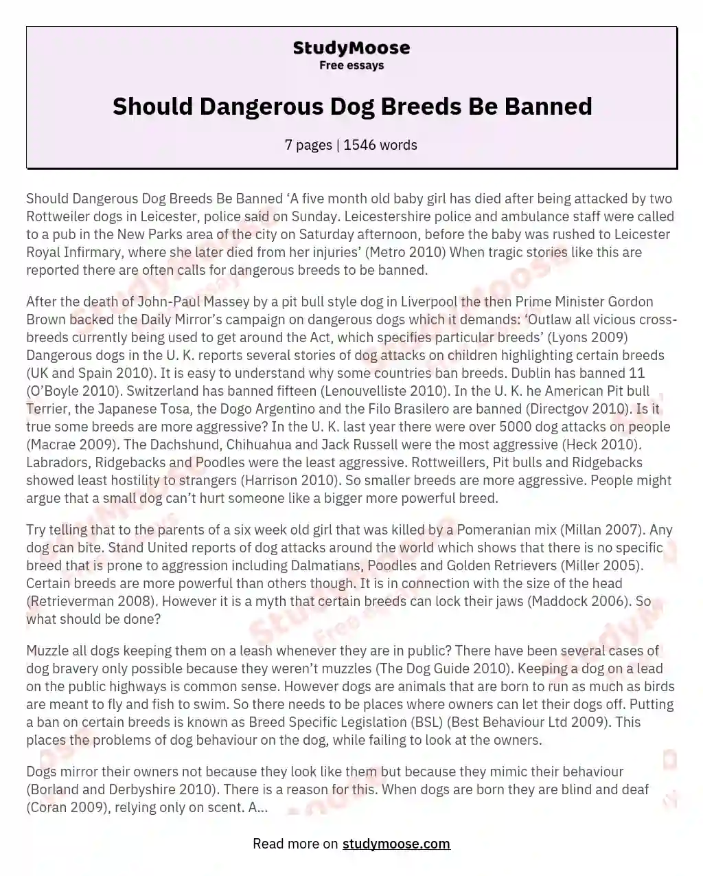 Should Dangerous Dog Breeds Be Banned essay