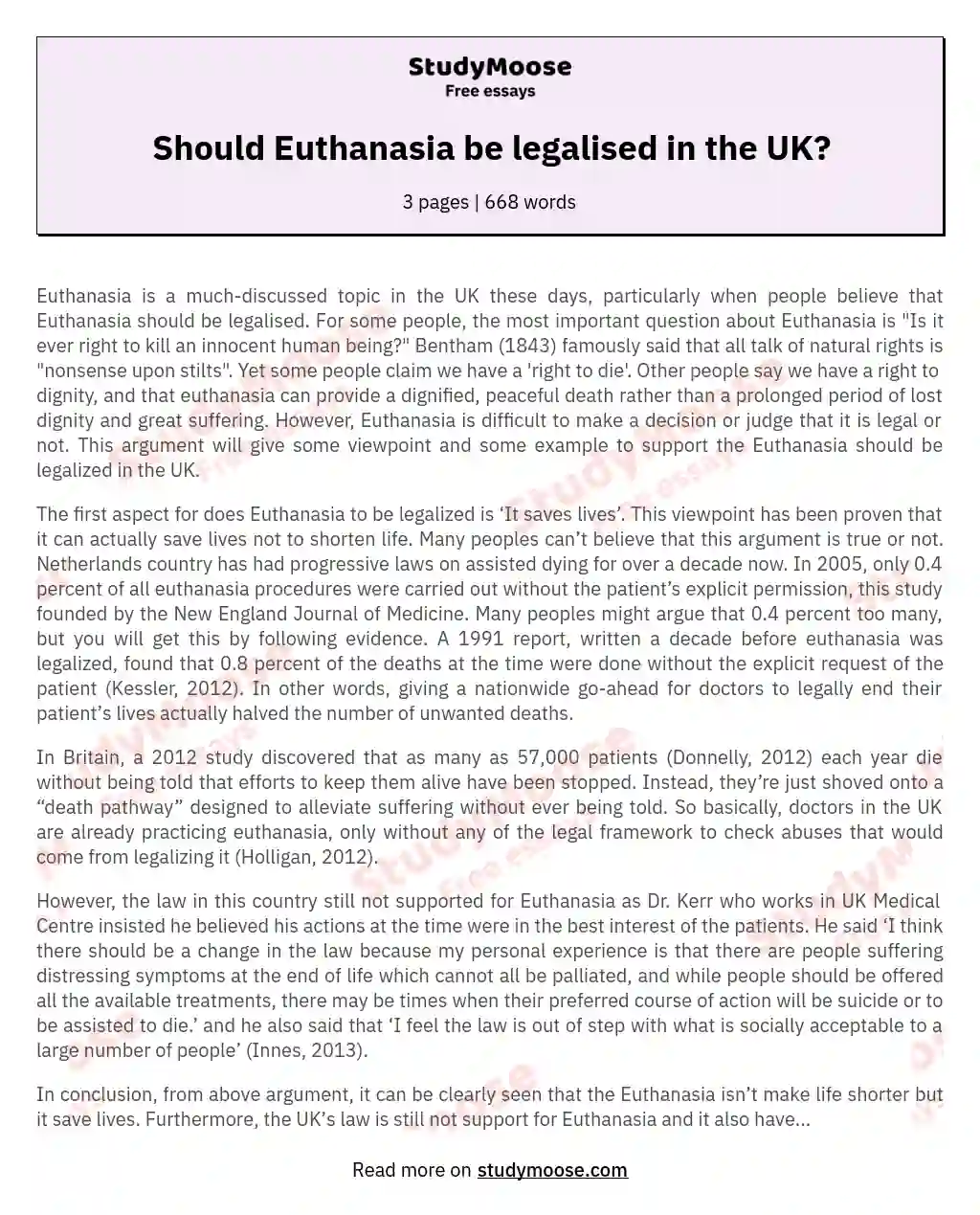 Should Euthanasia be legalised in the UK? essay