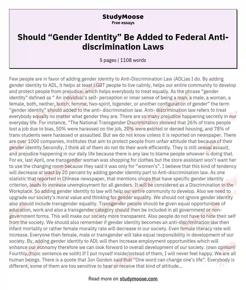 Should “Gender Identity” Be Added to Federal Anti-discrimination Laws essay