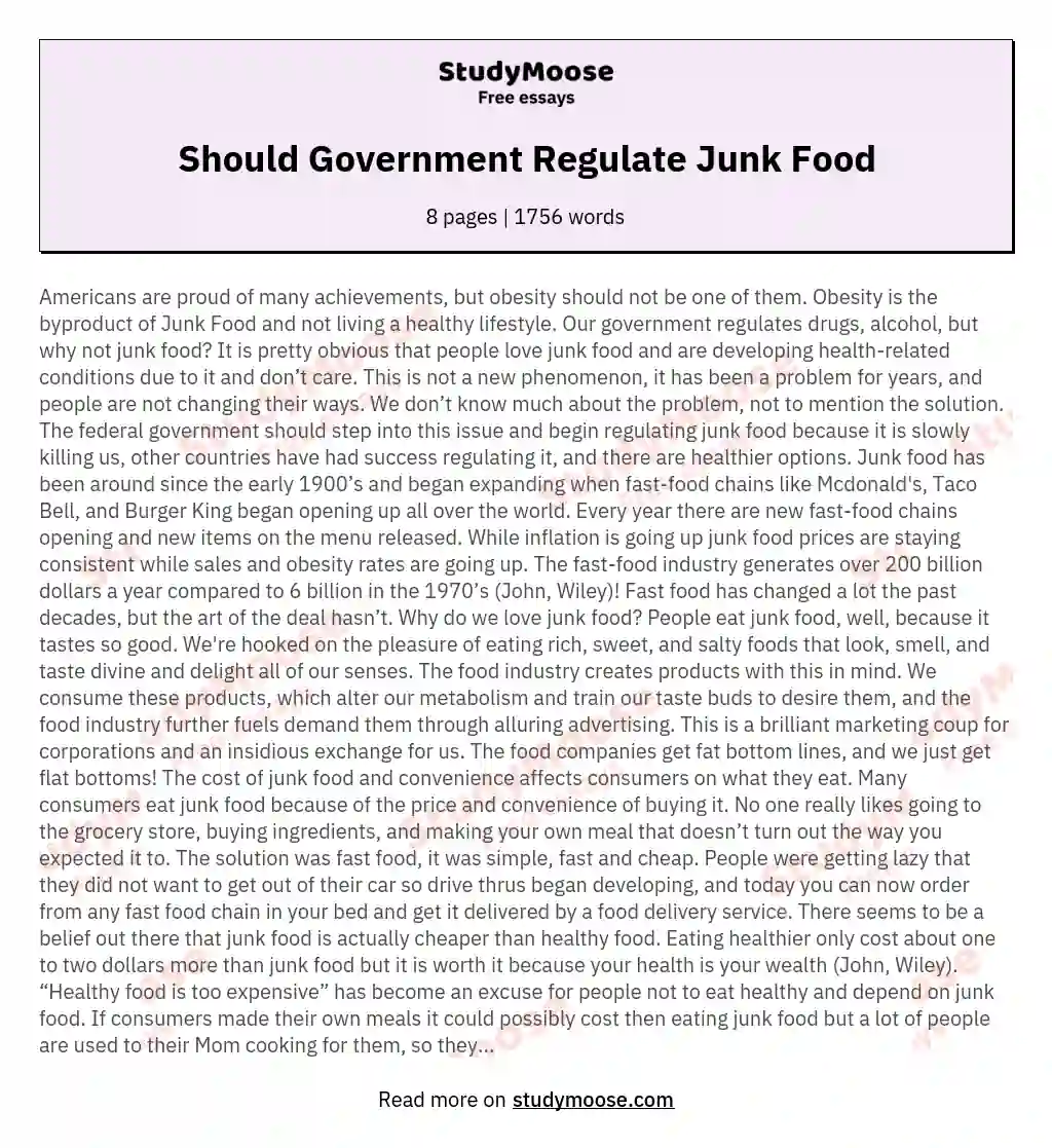 Should Government Regulate Junk Food essay