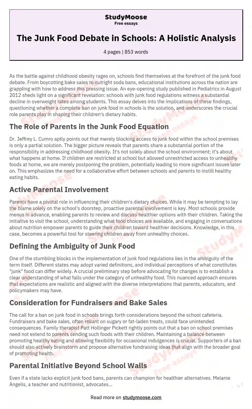The Junk Food Debate in Schools: A Holistic Analysis essay