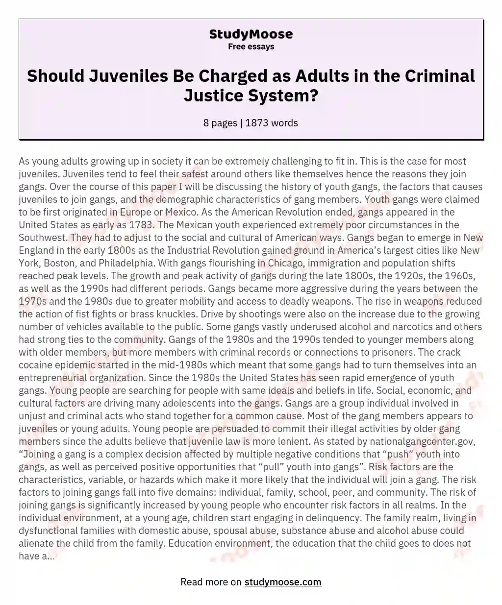 Should Juveniles Be Charged as Adults in the Criminal Justice System?