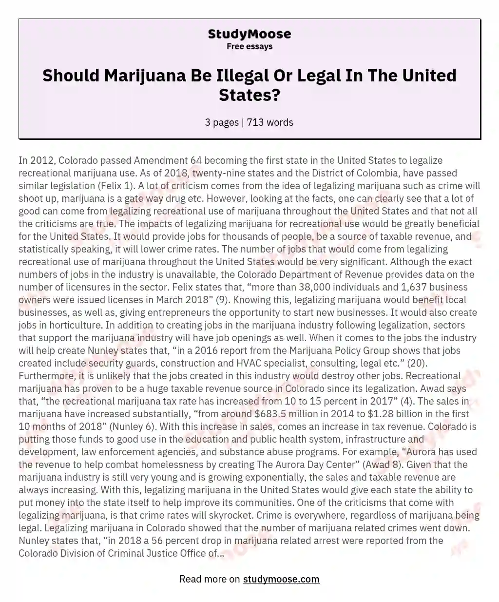 Should Marijuana Be Illegal Or Legal In The United States? essay