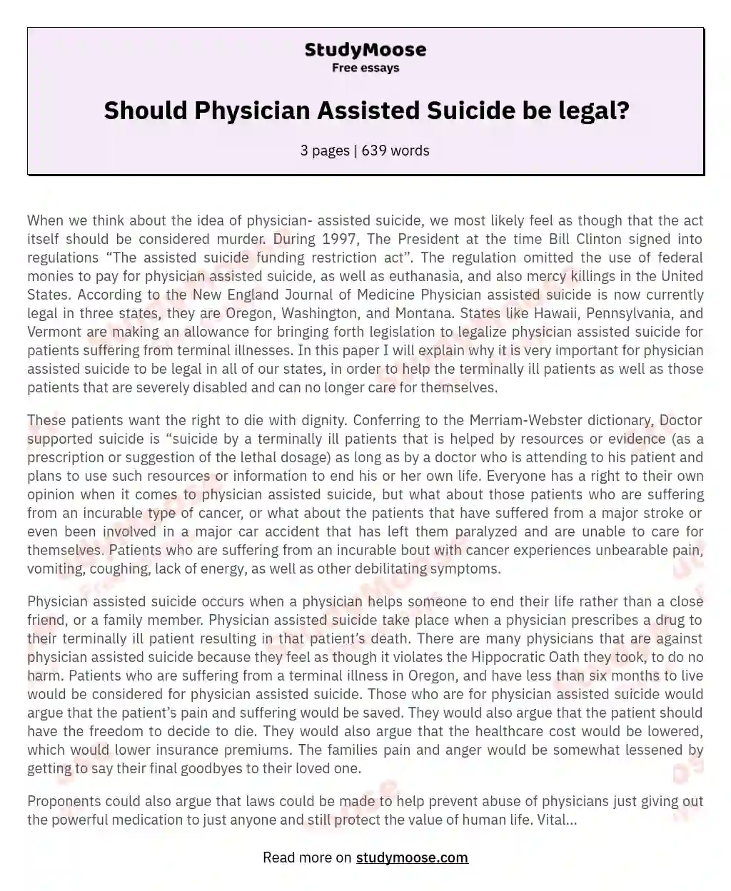 should physician assisted death be legal essay