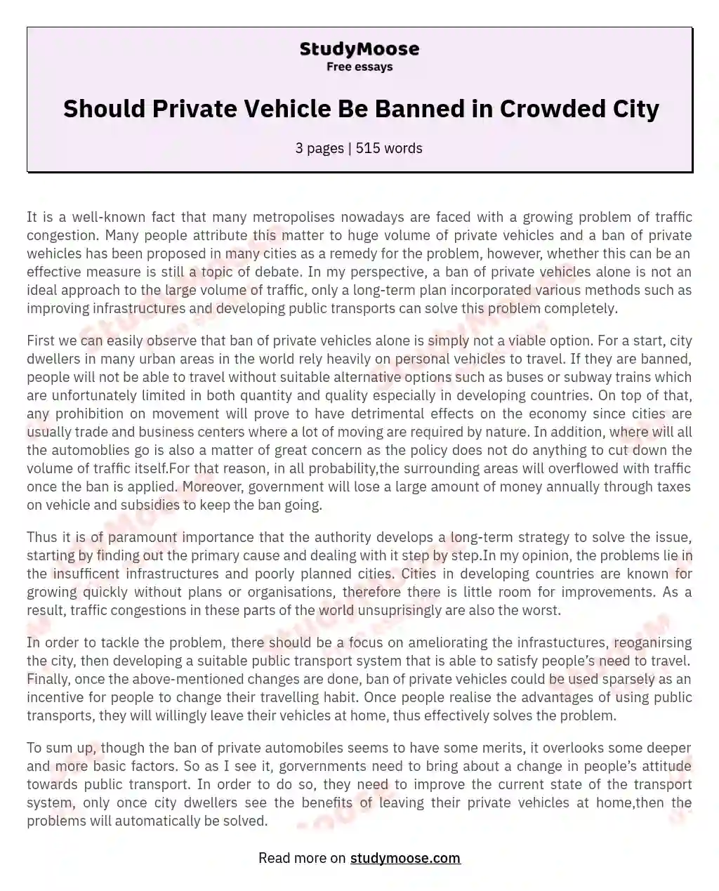 Should Private Vehicle Be Banned in Crowded City essay