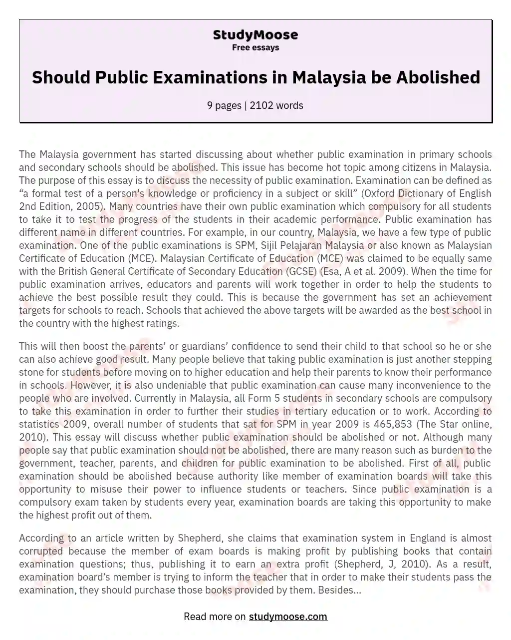 Should Public Examinations in Malaysia be Abolished essay