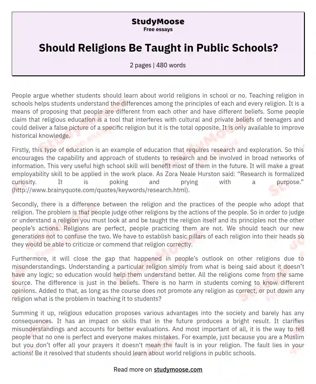 argumentative essay about should religion be taught in schools