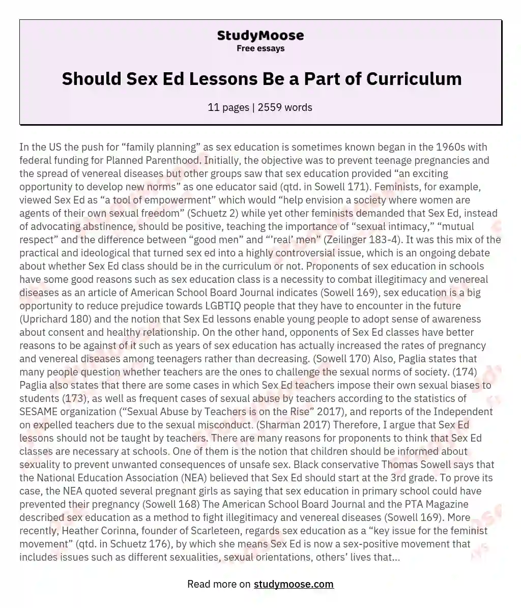 Should Sex Ed Lessons Be a Part of Curriculum essay