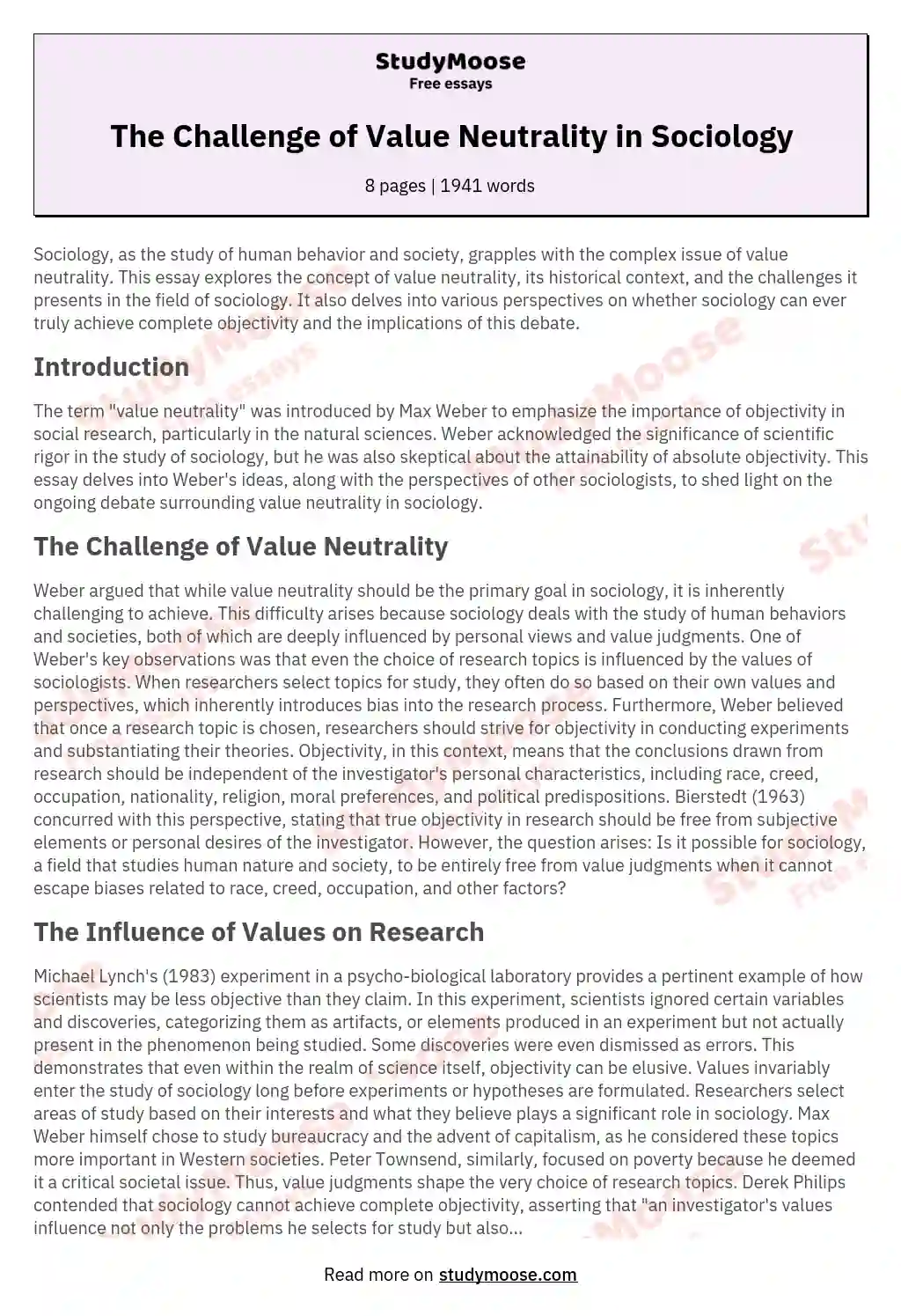 The Challenge of Value Neutrality in Sociology essay