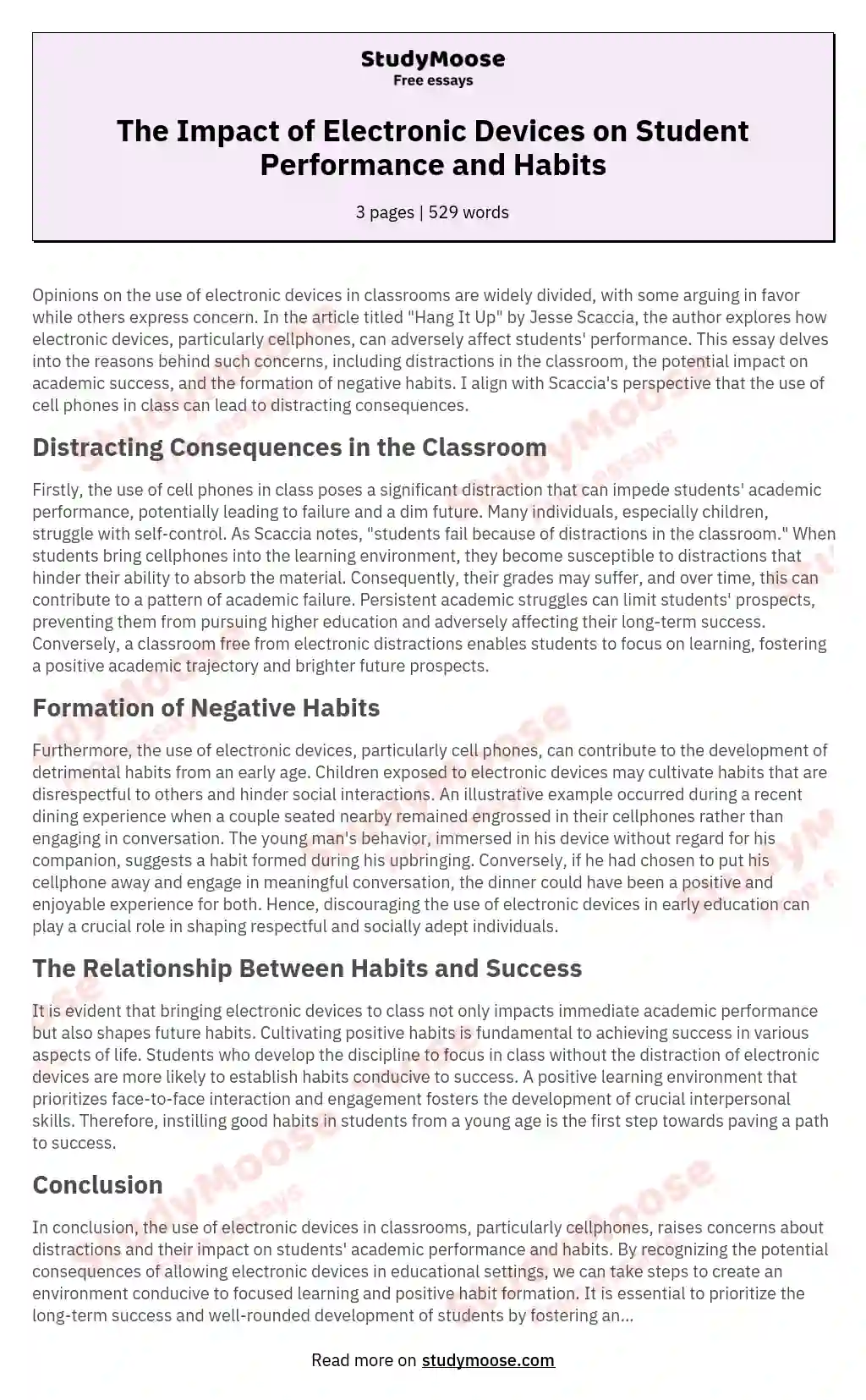 The Impact of Electronic Devices on Student Performance and Habits essay