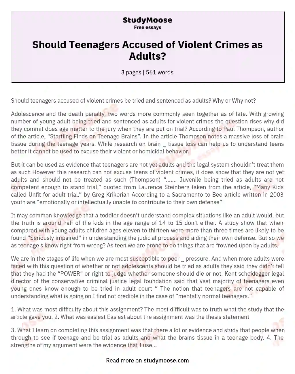Should Teenagers Accused of Violent Crimes as Adults?