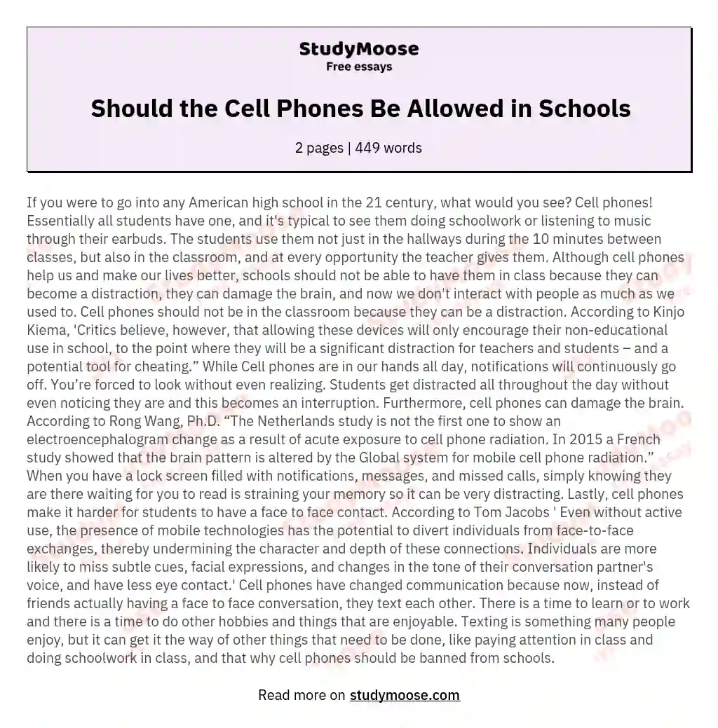 Should the Cell Phones Be Allowed in Schools